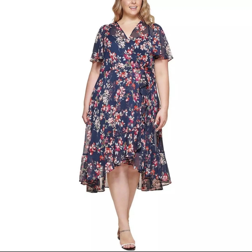 Calvin Klein Womens Navy Floral Midi Wrap Dress Plus 16 16W